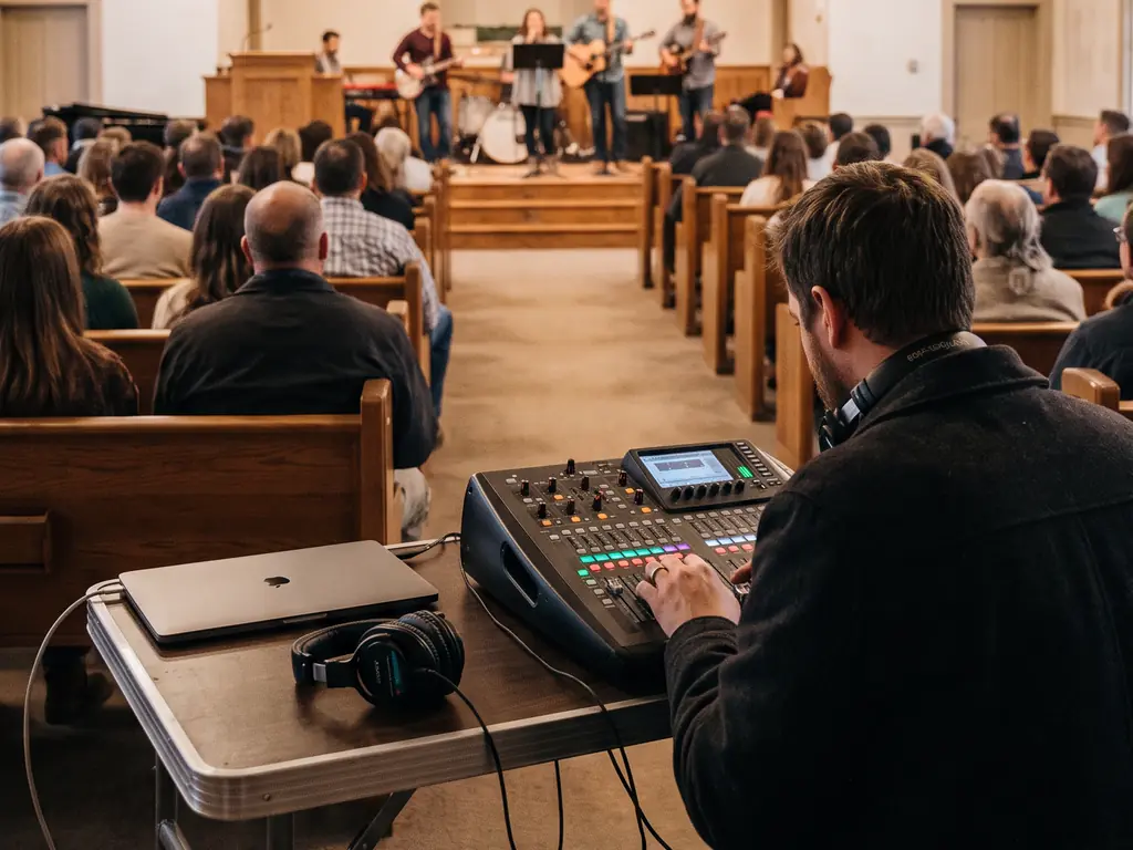 Técnico operando mesa de som digital ao fundo de um auditório de igreja
