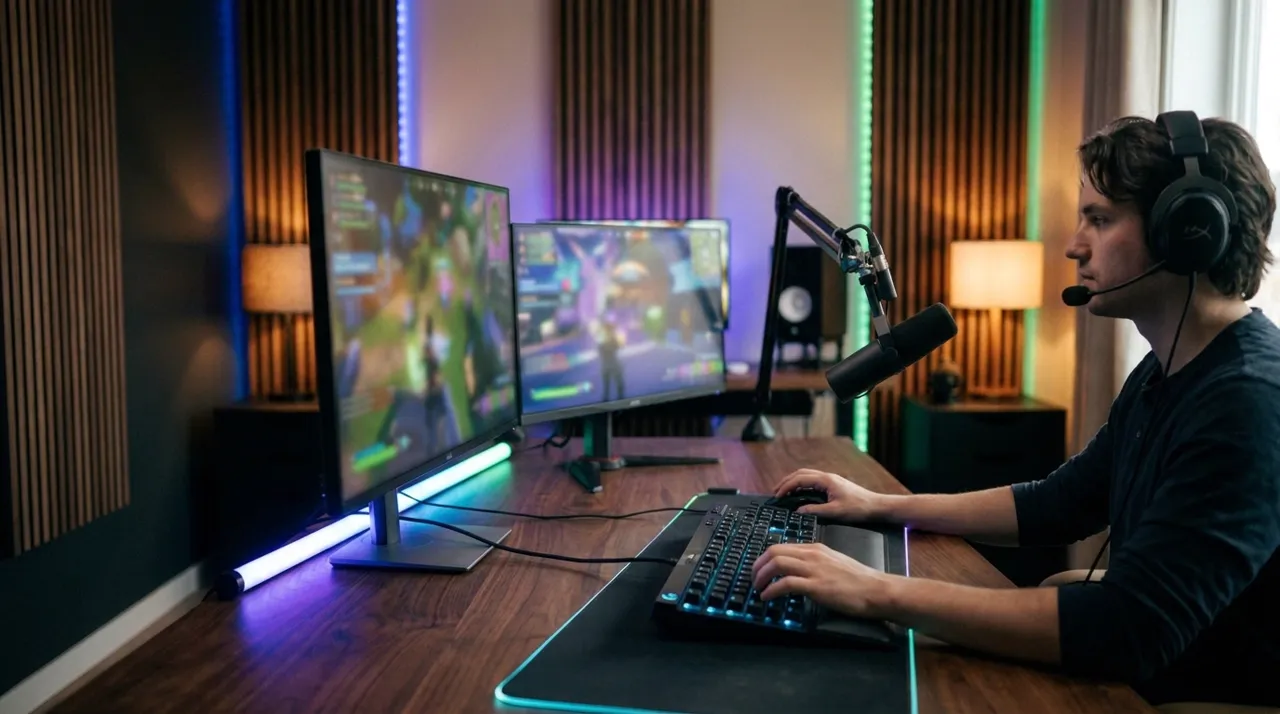 Um jogador de fone em frente a dois monitores, com luz colorida na parede